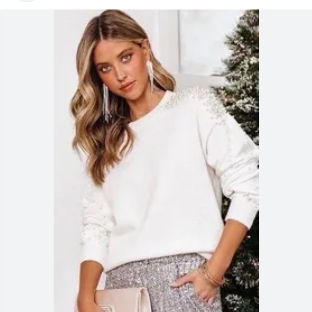 Vici white Ivory Pearl Embellished Sweater